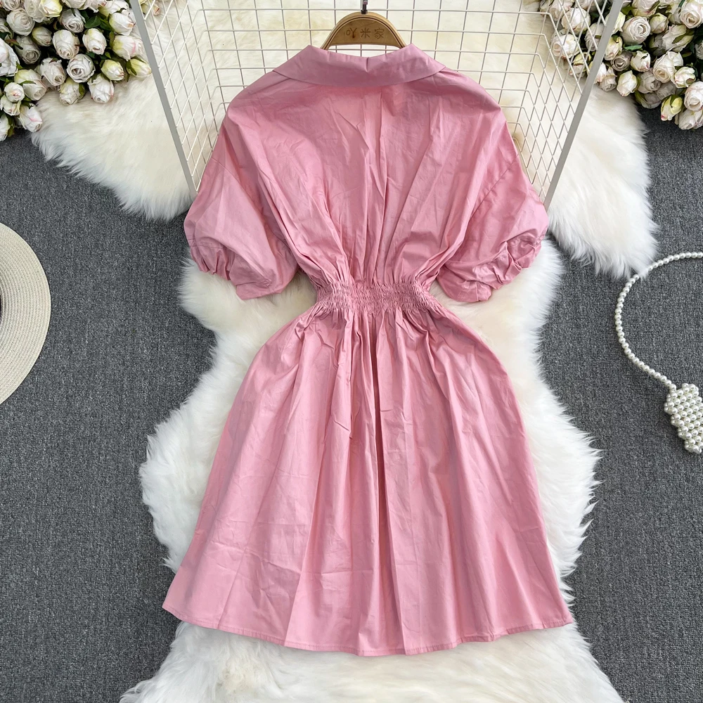 ssTss 夏の女性のシャツドレス無地ポロ襟半袖弾性ウエストシングルブレスト A ラインカジュアル女性ドレス