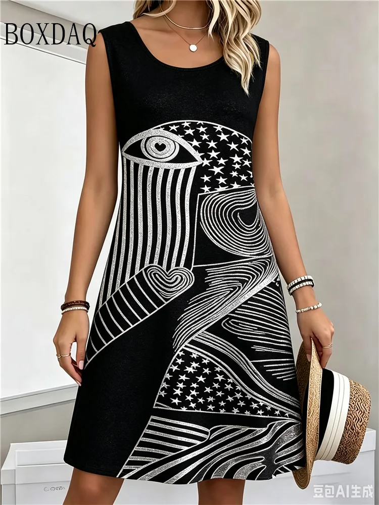 Geometric Abstract Leopard Pattern 3D Print Dresses For Women 2026 Summer Sleeveless Dress Casual Fashion Plus Size Loose Dress