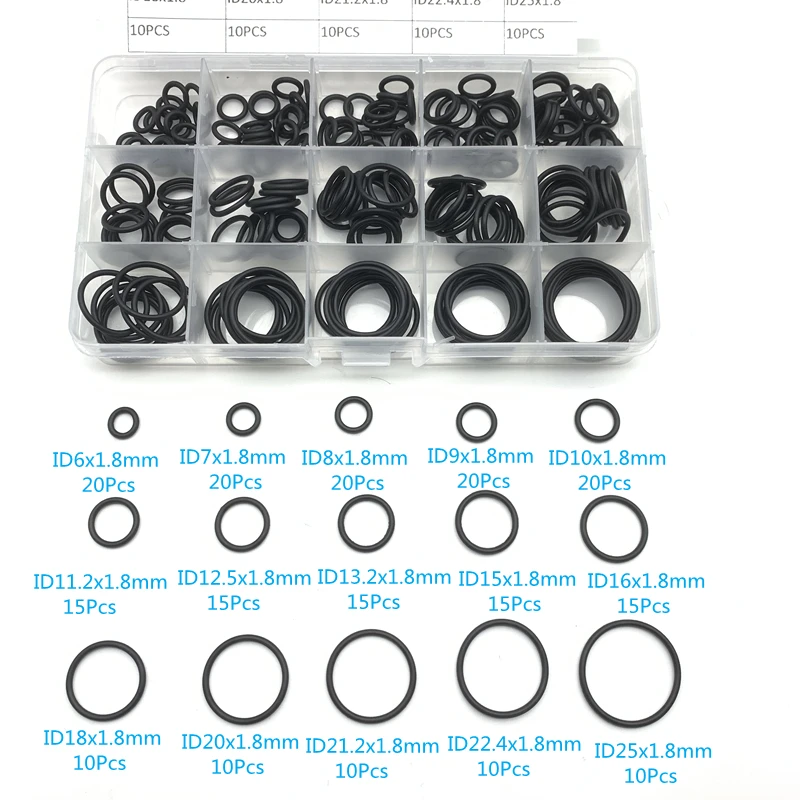 

225pcs/Box Rubber O Ring Kit Sealing Gasket CS1.8mm Assortment Black Oring Seal Set Nitrile Washers For Car Gaskets Ring