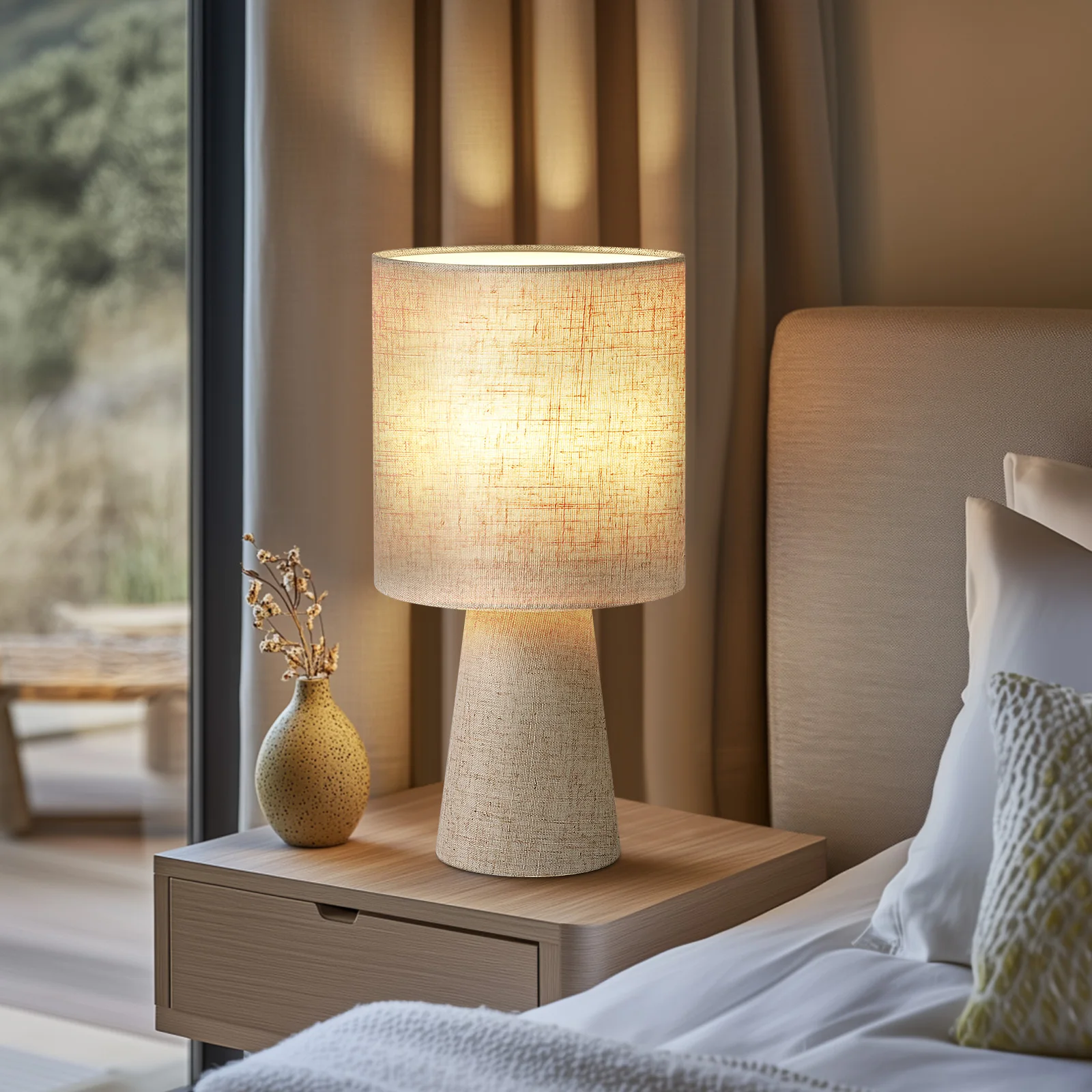 Lampe de chevet en bois massif et tissu, lampe de table pour chambre à coucher, lampe de bureau en bois, veilleuse de chevet avec abat-jour cylindrique, décoration d'intérieur, lumière d'ambiance créative