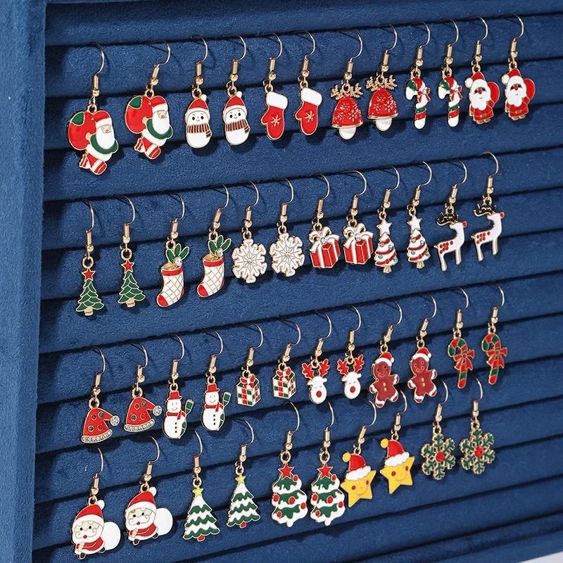 25Pairs/5Pairs عيد الميلاد سلسلة أقراط الكرتون سانتا كلوز الزنجبيل رجل ندفة الثلج سبيكة طقم من الحلقان النساء هدايا عيد الميلاد #2