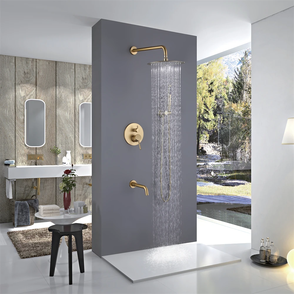 Matt Gold Bathroom Shower Hot and Cold Shower Mixer in Wall Mounted Rain Concealed Shower Set