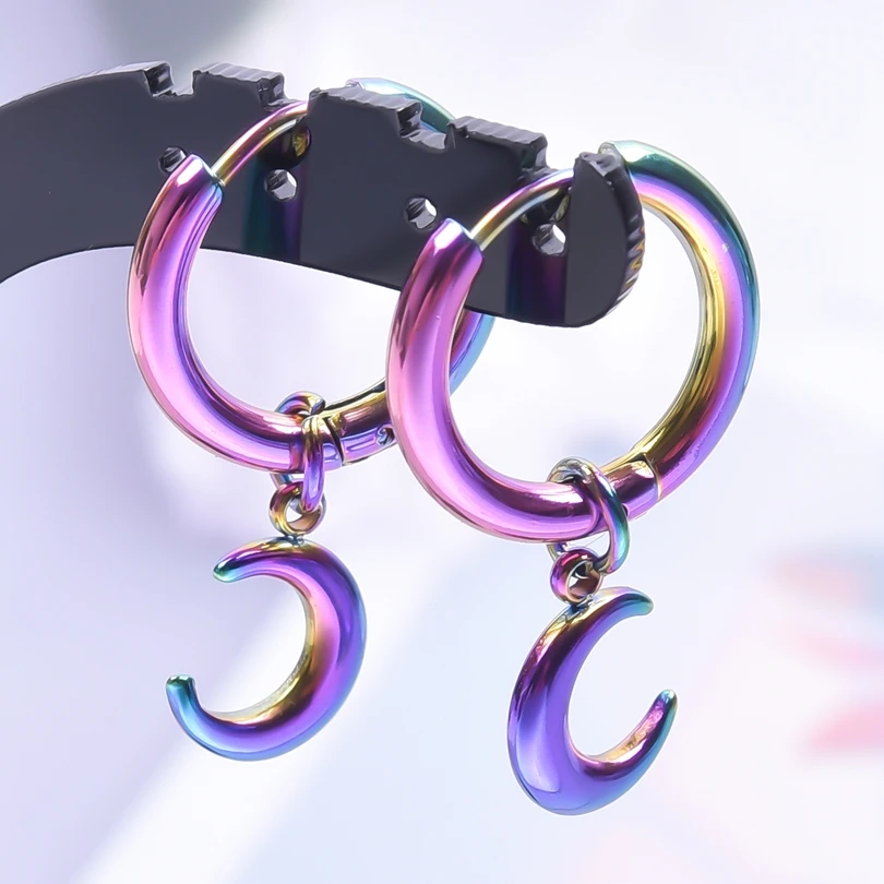 Rainbow Stainless Steel Earrings For Women/Men Vintage Jewelry Hoop Ear Piercing Heart Moon Charm Earring Pendientes Aretes Gift
