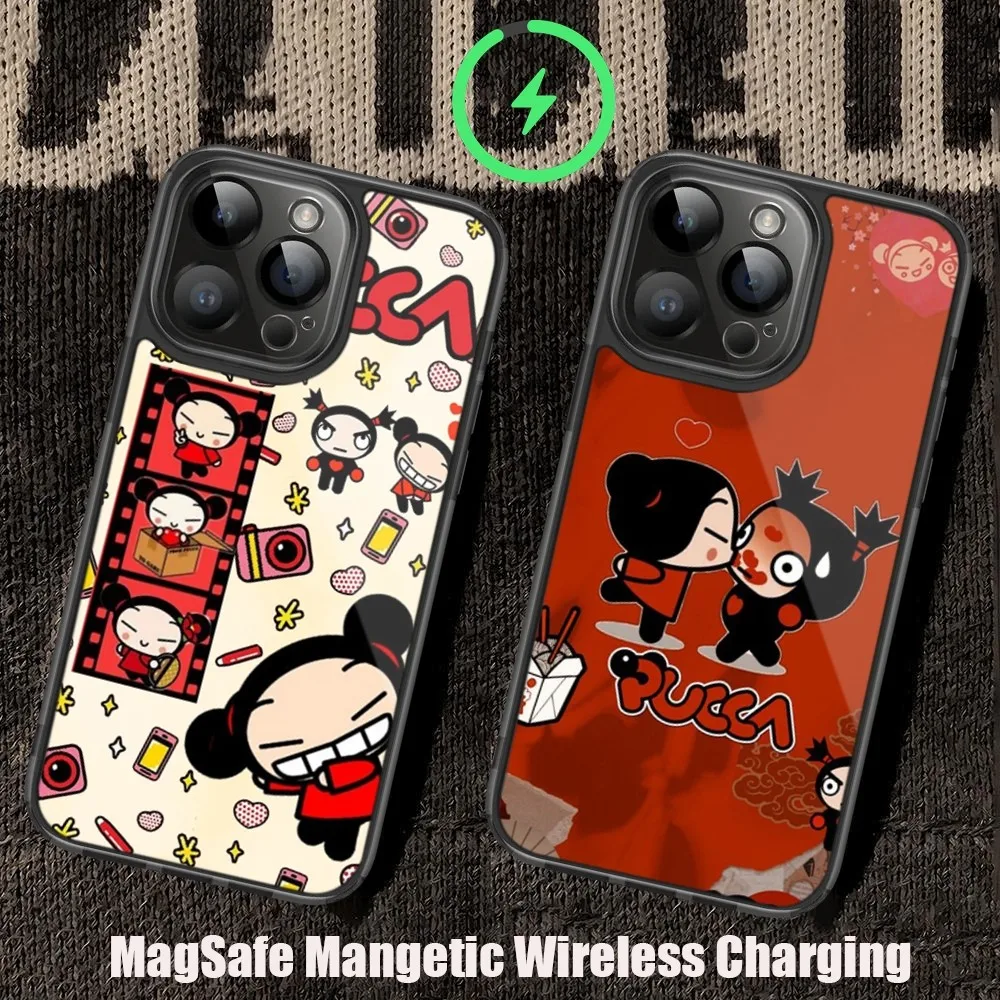 MINISO Cartoon P-Pucca G-Garu Phone Case For iPhone 11 12 13 14 15 Pro Max Plus Mini Magsafe Magnetic Wireless Charging Shell