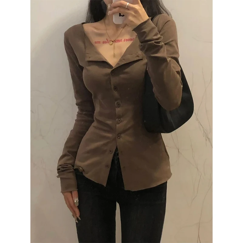 MEXZT Y2K Shirts Women Streetwear Long Sleeve Slim Blouses Korean Harajuku Fashion Solid Chic Casual Bottoming Shirt Tops New