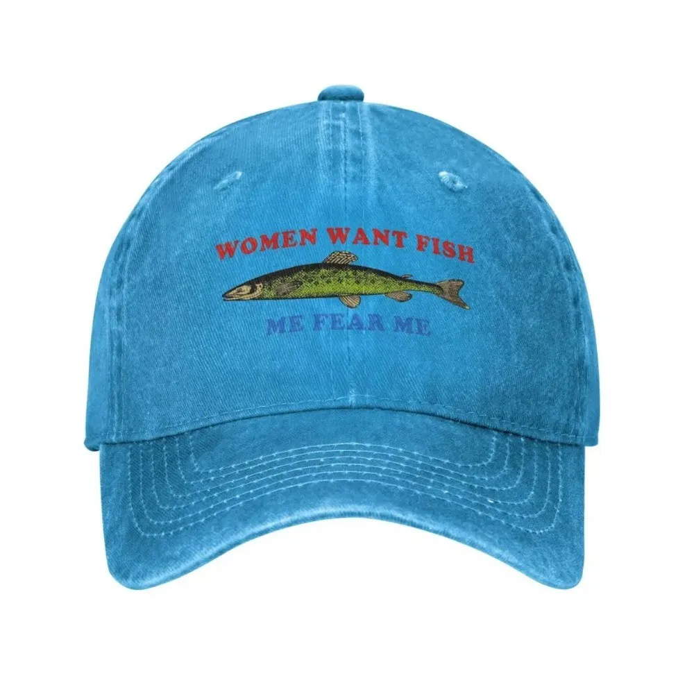 Women Want Fish Me Fear Me Funny Graphic Baseball Cap Vintage Distressed Washed Unisex Outdoor Hat