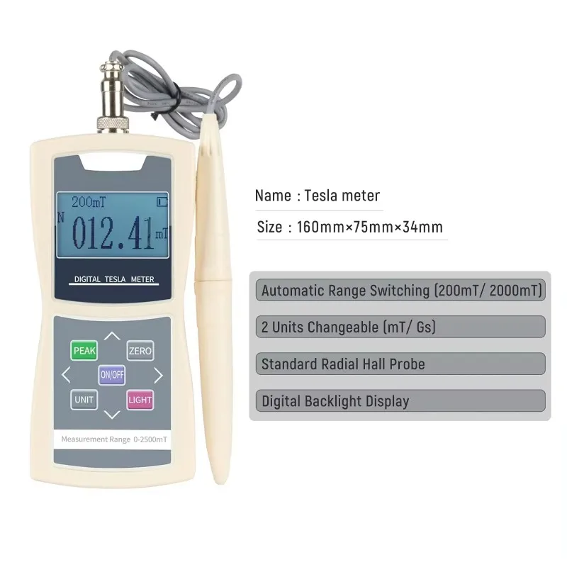 Digital Tesla Meter 200mT/2000mT Gaussmeter High Accuracy Sensitive Surface Magnetic Field Tester Standard Radial Hall Probe