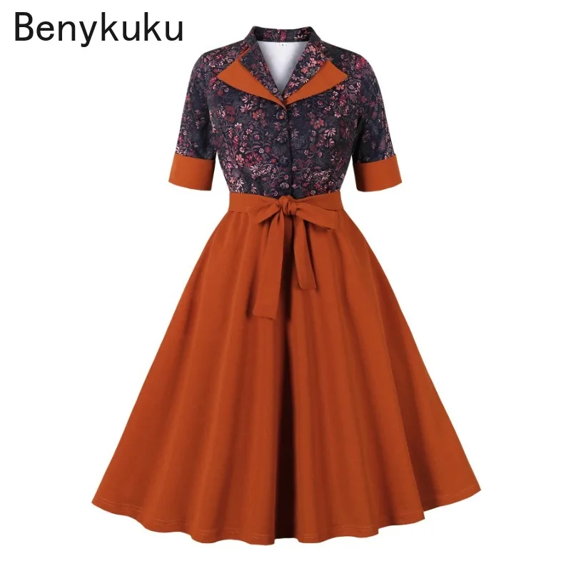 Vestido vintage elegante de meia manga com botões para mulheres 2025 gola contrastante de camada dupla floral patchwork bolsos vestidos midi