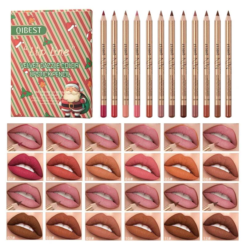 Matita per labbra a 12 colori Linea opaca liscia Matita per labbra impermeabile Durevole Tazza antiaderente Penna per rossetto Trucco di bellezza Scatola natalizia