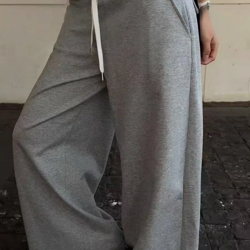 Women Wide Leg Pants with Letter Tape High Waist Loose Fit Casual Trousers Soft Comfortable Early Autumn Fashion Bottoms