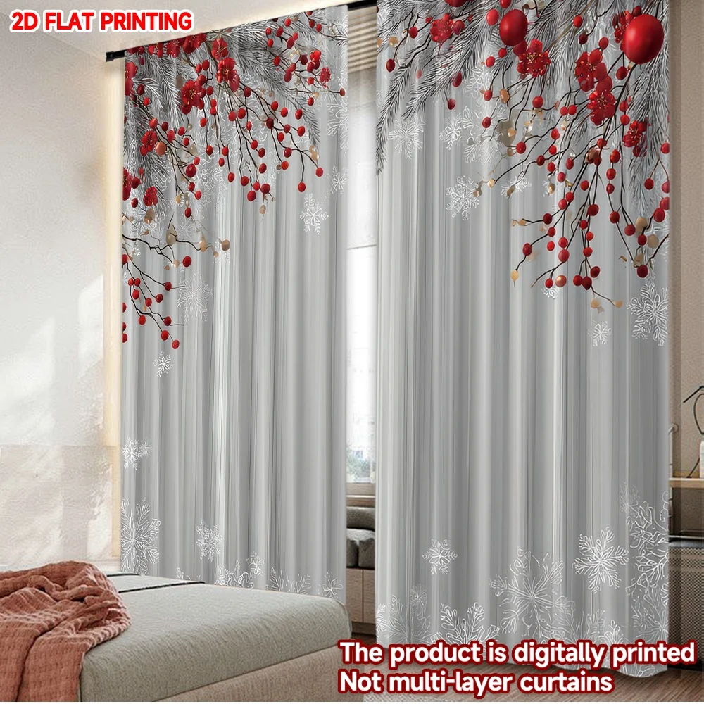 2D-Flachdruck, 2 Stück, frohe Weihnachten, trendige Vorhänge, Weihnachten, rote Beeren, Schneeflocken, digital bedruckte Polyester-Vorhänge, Urlaub