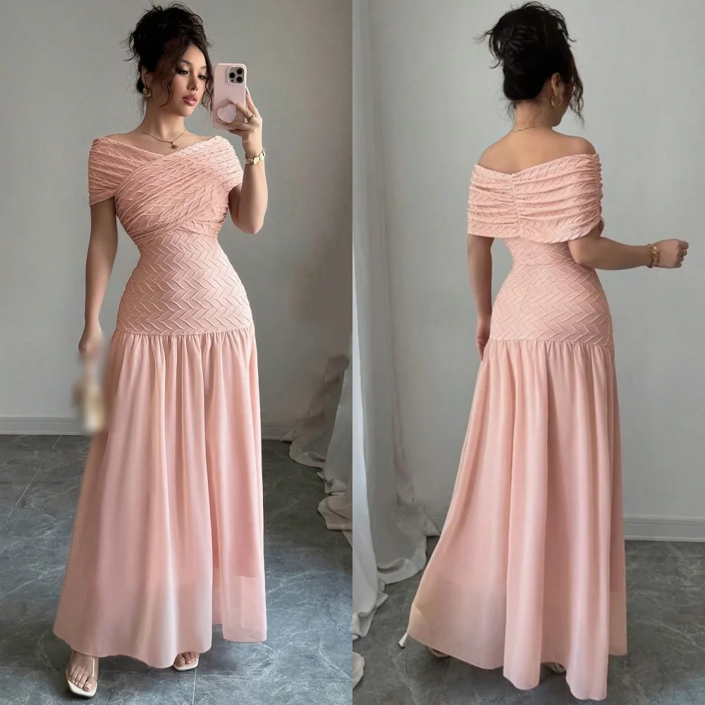 

Customized Modern Style Exquisite Net Pleat A-line Off-the-shoulder Midi Dresses Bespoke Occasion Matching