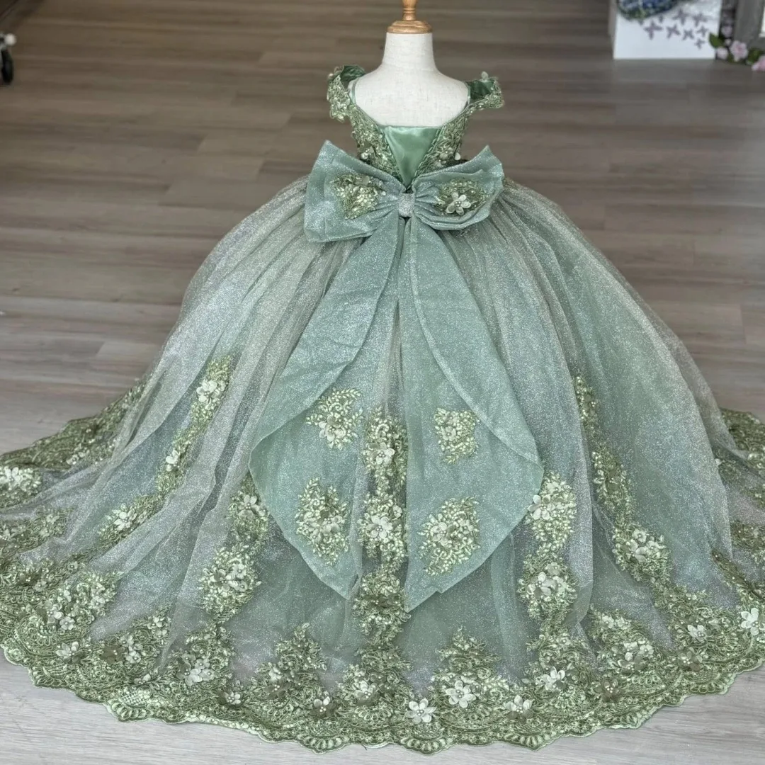 فساتين فتاة الزهور الخضراء لحفلات الزفاف مزينة بالدانتيل بطول الأرض فساتين حفلات أعياد الميلاد للفتيات فساتين التواصل الأول حسب الطلب #3