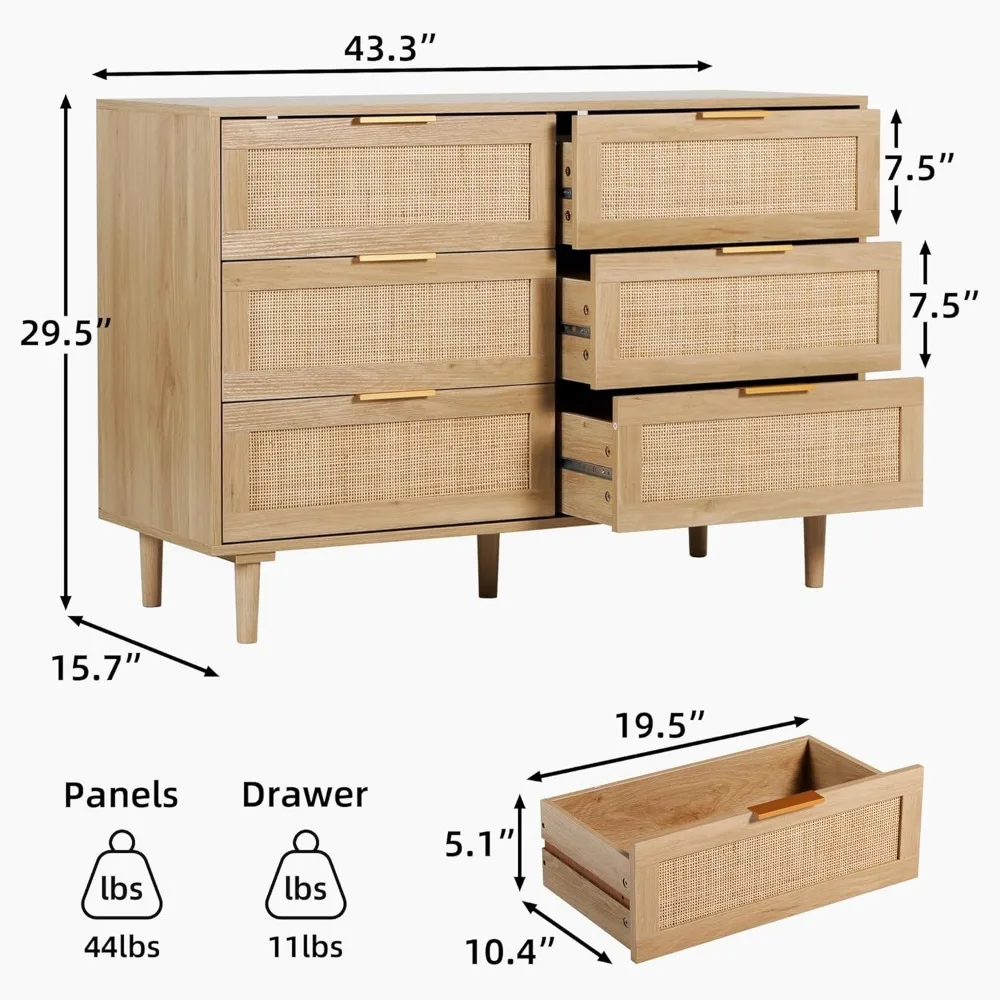 Modern 6-Drawer Double Dresser in Rattan Style with Gold Handles for Bedroom and Living Room Storage