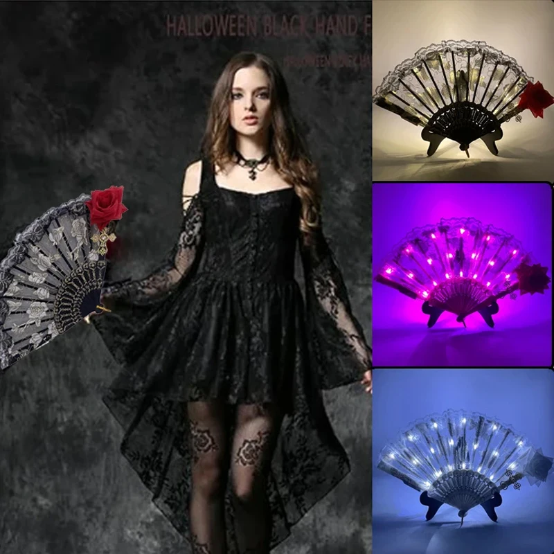 

LED Folding Rose Lace Fan Anime Show Stage Performance Sexy Lady Belly Dance Accessories Dark Black Rose Gothic Lolita light Fan