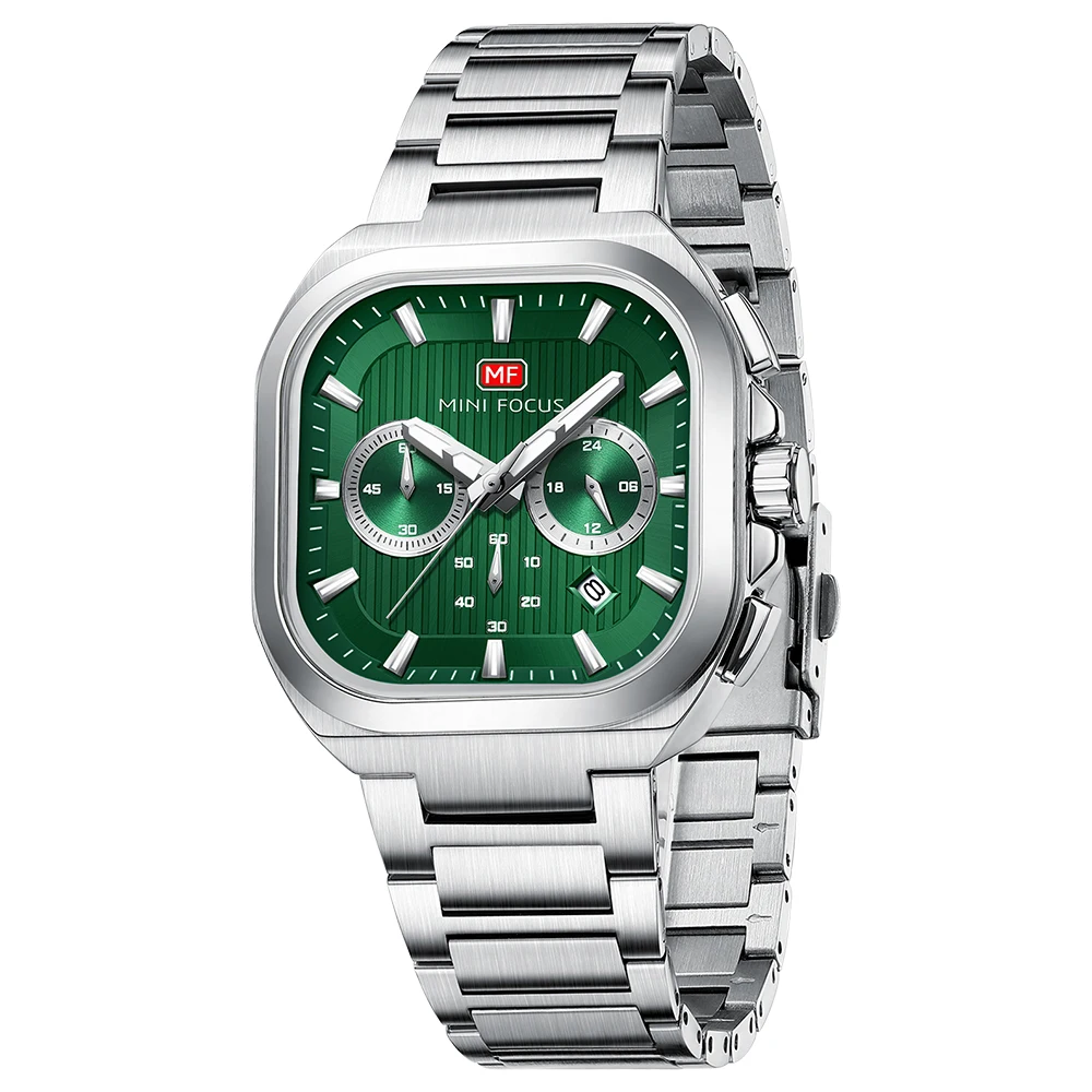 MINI FOCUS Men’s Square Watch – Luxury Stainless Steel Waterproof Quartz Watch with Luminous Hands Calendar Business Wristwatch