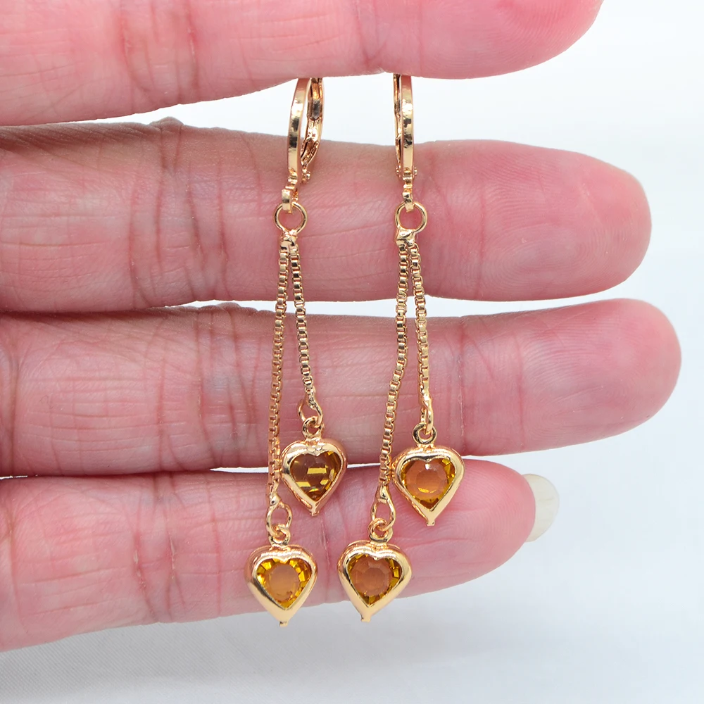 Gold Color Women Fashion Red CZ Heart Drop Tassel Earrings Jewelry