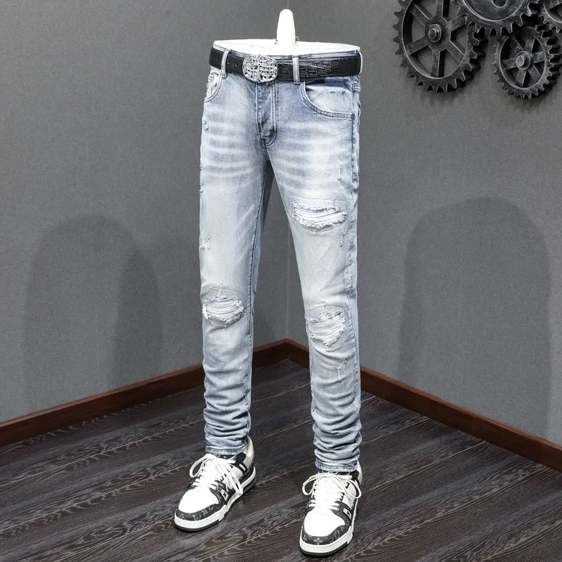 High Street Fashion Men Jean Retro Light Blue Stretch Skinny Fit Ripped Jeans Men Leather Patched Designer Hip Hop Brand Pants