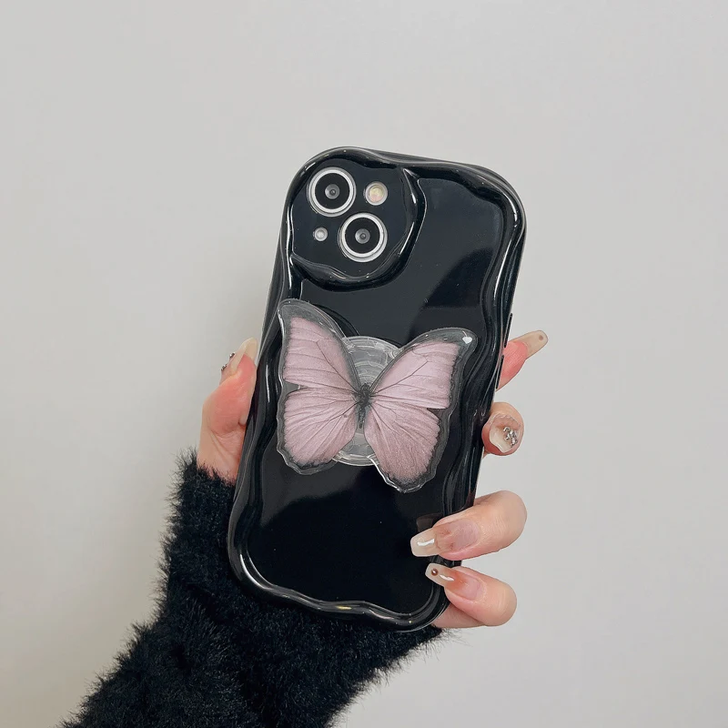 Black Butterfly Phone Case For iPhone 14 Plus 7 8 X XS XR 11 12 13 Pro Max MINI Silicone Cases Cover with holder