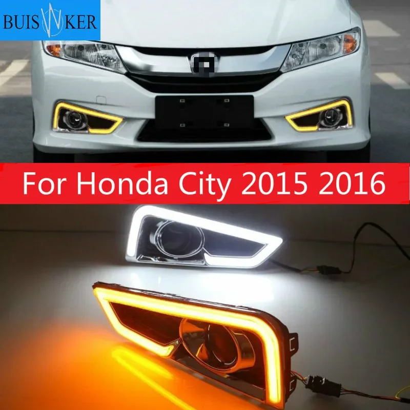 

2pcs LED daytime Running Lights for Honda City 2015 2016 fog lamp cover drl with yellow turn signal light car styling