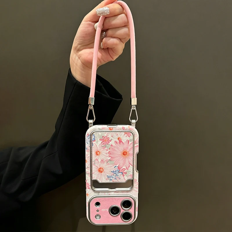 Pink Floral Faux Leather Texture Card Holder Phone Case with Crossbody Lanyard for iPhone 16, 15, 14, 13, 12, 11 Pro Max view 4