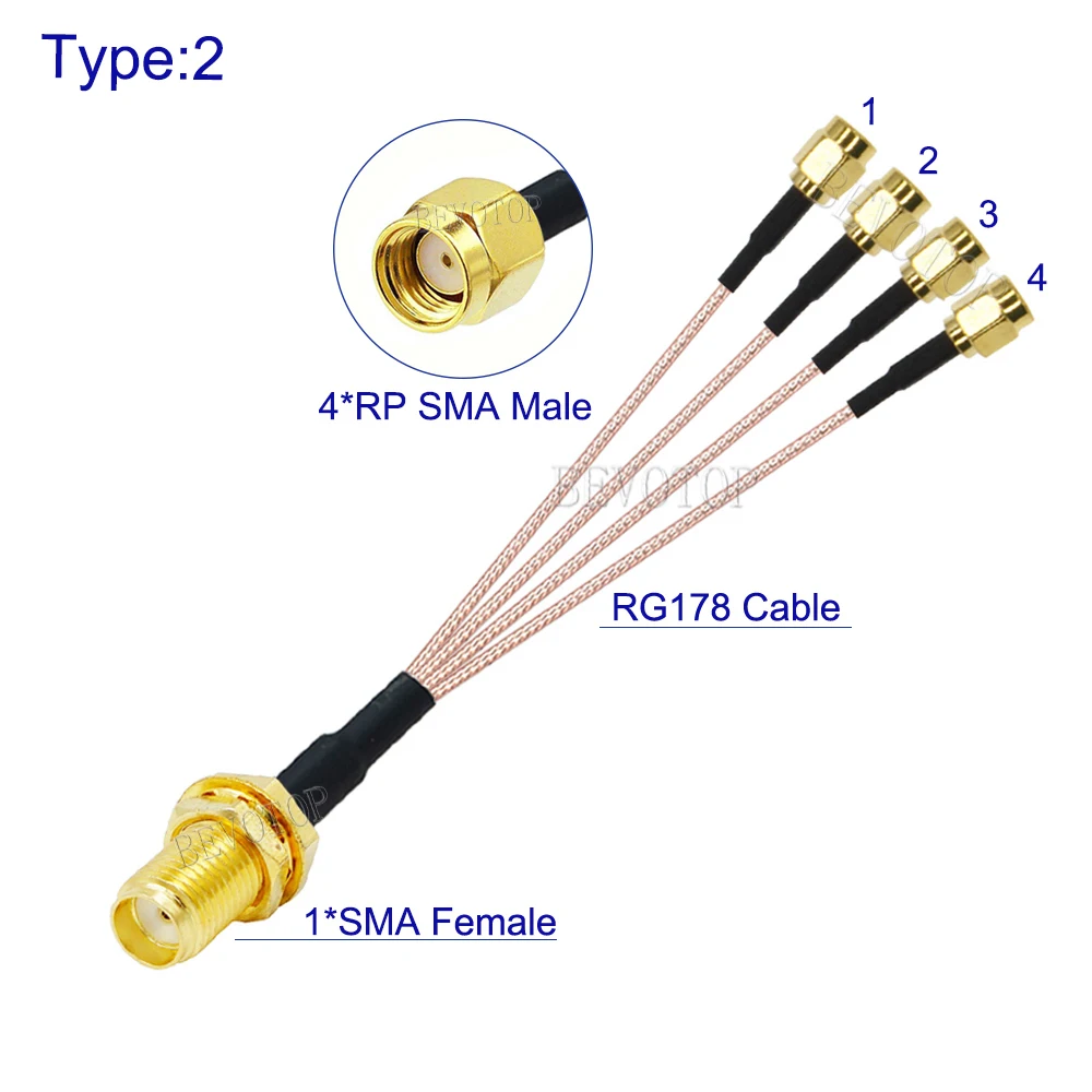 1PCS 1 x SMA/RP Female to 4x SMA Male Plug 1 to 4 SMA Splitter Cable RG178 Pigtail Jumper WIFI Antenna Extension Coaxial Cable