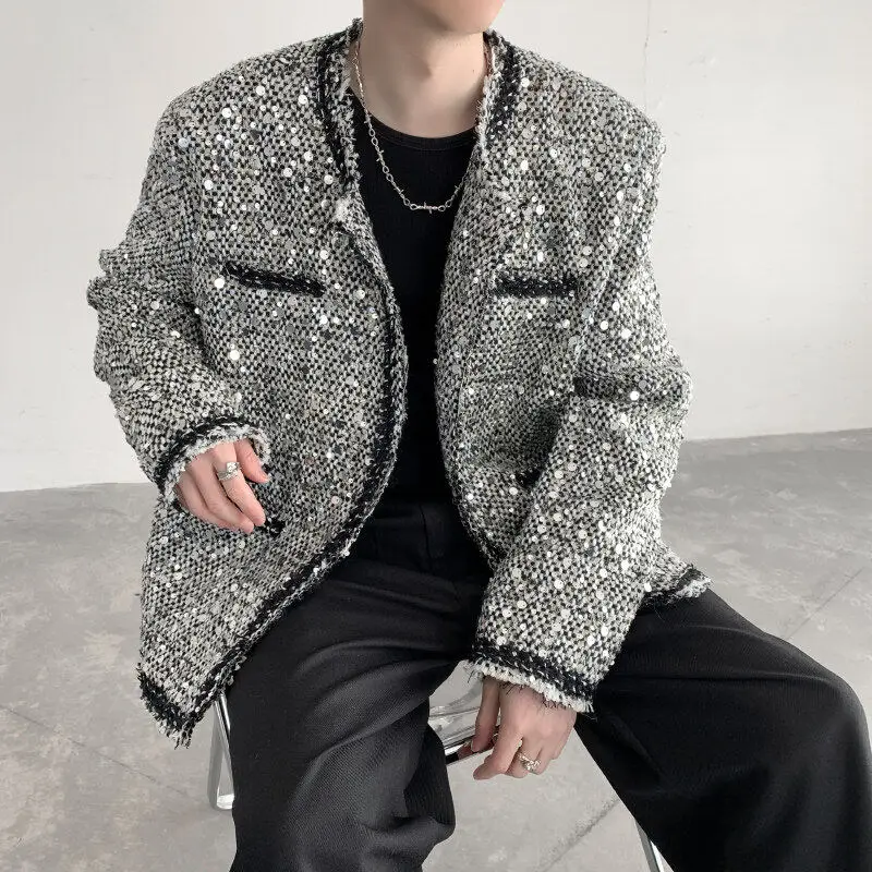 

Spring New Sle ort Jaet without Collar Club Stage Sequin oulder Pad American Sle Loose Fit Long Sve Coat