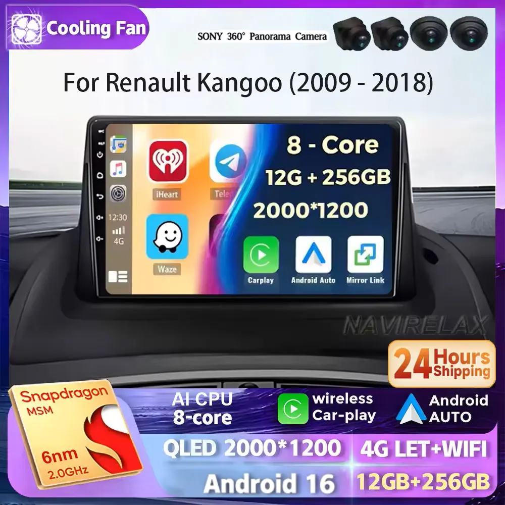 Android 16 Carplay Auto For Renault kangoo 2008 2009 2010 2011 2012 2013 2014 2015 - 2018 Car Radio Multimedia Video Player GPS