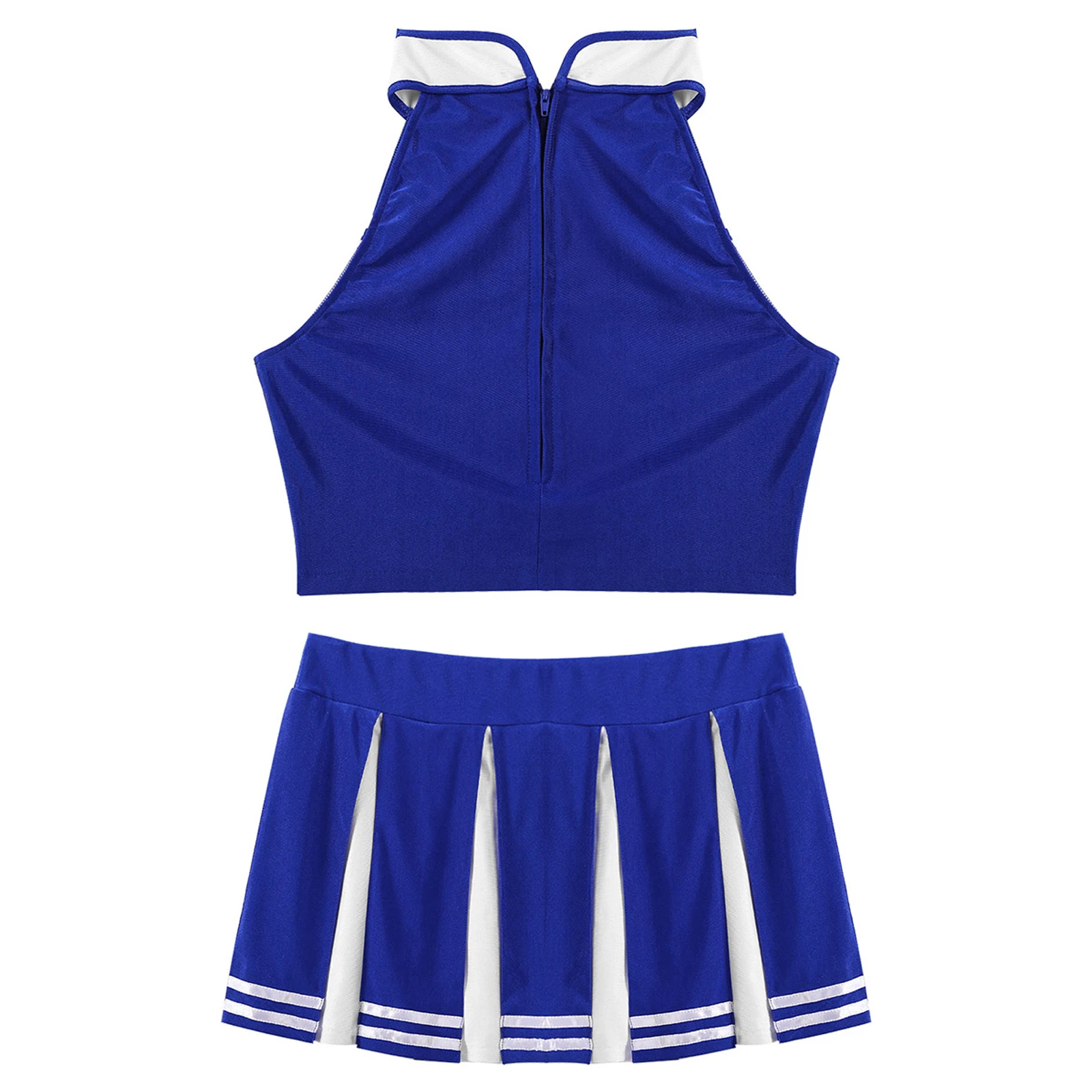 2Pcs Frauen Erwachsene Cheerleading Kostüm Uniform Stehkragen Ärmel Crop Top mit Mini Falten Rock Cheerleader Dance Outfit