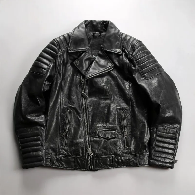 Chaqueta de cuero para motocicleta para hombre, con cierre de cremallera inclinado, de piel de vaca amarilla curtida vegetalmente