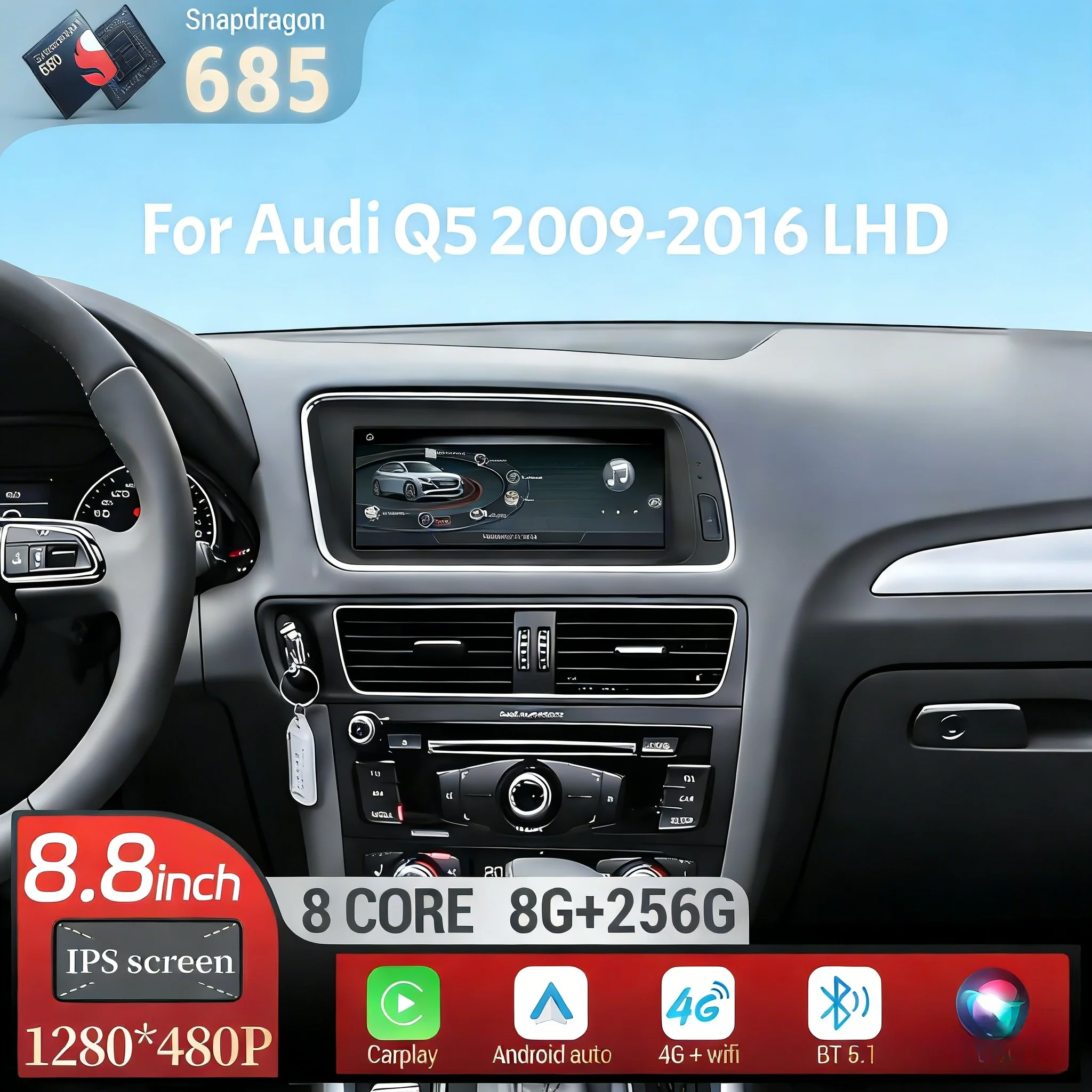 8.8 inch Left Hand Drive Android 13 Qualcomm Snapdragon 685 For Audi Q5 2009-2016 Car Radio Wireless BT Carplay Head Unit Screen