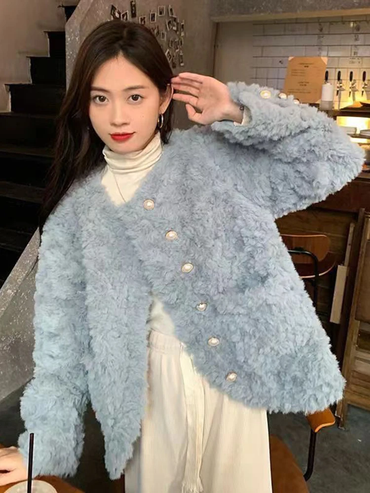 Sweet Women Faux Lamb Coat Winter Long Sleeve Elegant Pearls Buttons Cute Jacket Warm Thick O Neck Female Pockets Kawaii Outwear