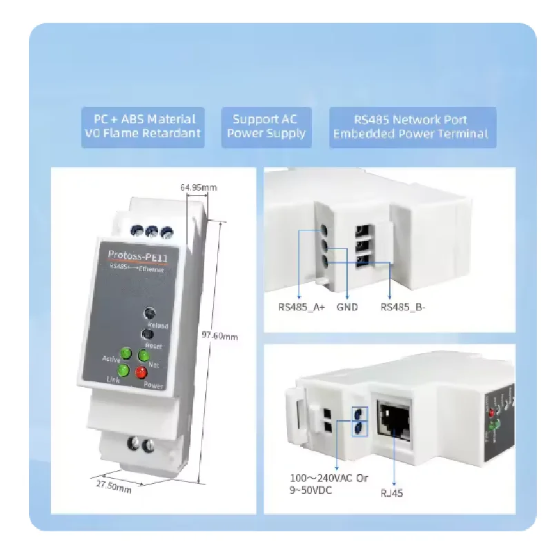 Protoss-PE11 DIN-Rail Modbus RS485 Serial Port to Ethernet Converter