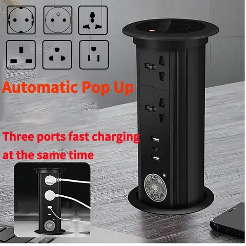 전동 팝업 리프팅 타워 소켓, IP65 범용 전원 콘센트, USB-C 무선 충전, 블루투스 오디오 소켓, 16A EU FR UK US
