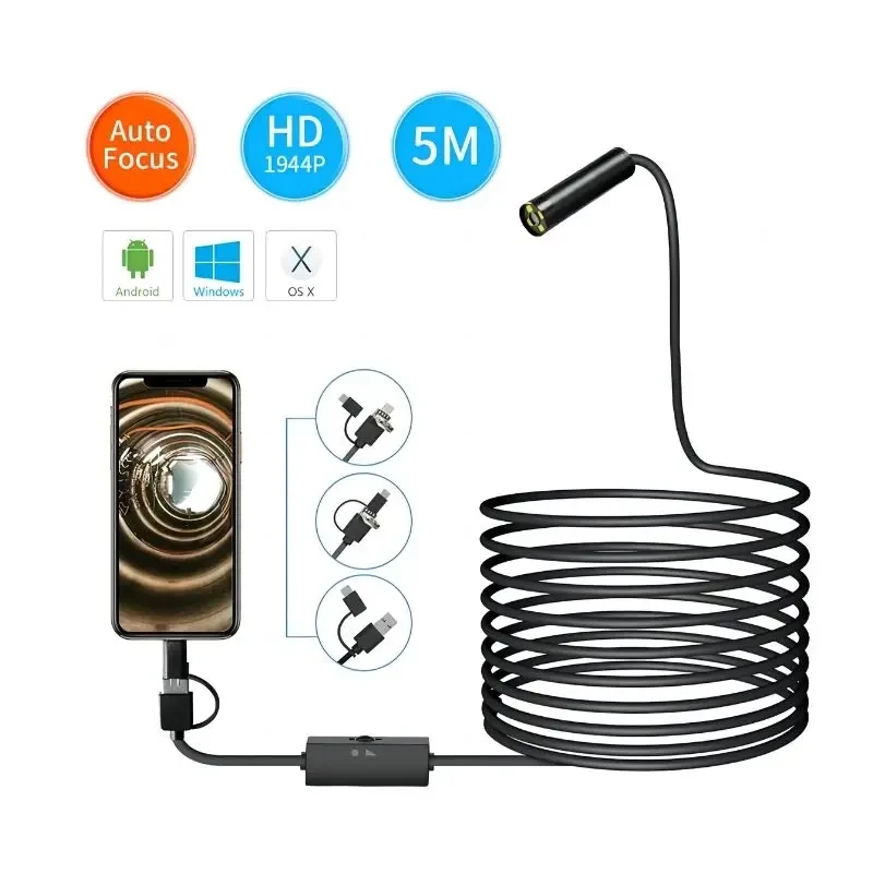 

5MP Auto Focus 12mm 1944P 1/2/3.5/5m 3 in 1 Hard Cable Borescope Inspection Camera for Smartphone PC Endoscope Camera