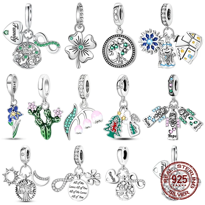 

925 Sterling Silver Green Trees Leaves Cactus Family Beads Pendant Fit Original Pandora Bracelet Charm Beads DIY Jewelry Making