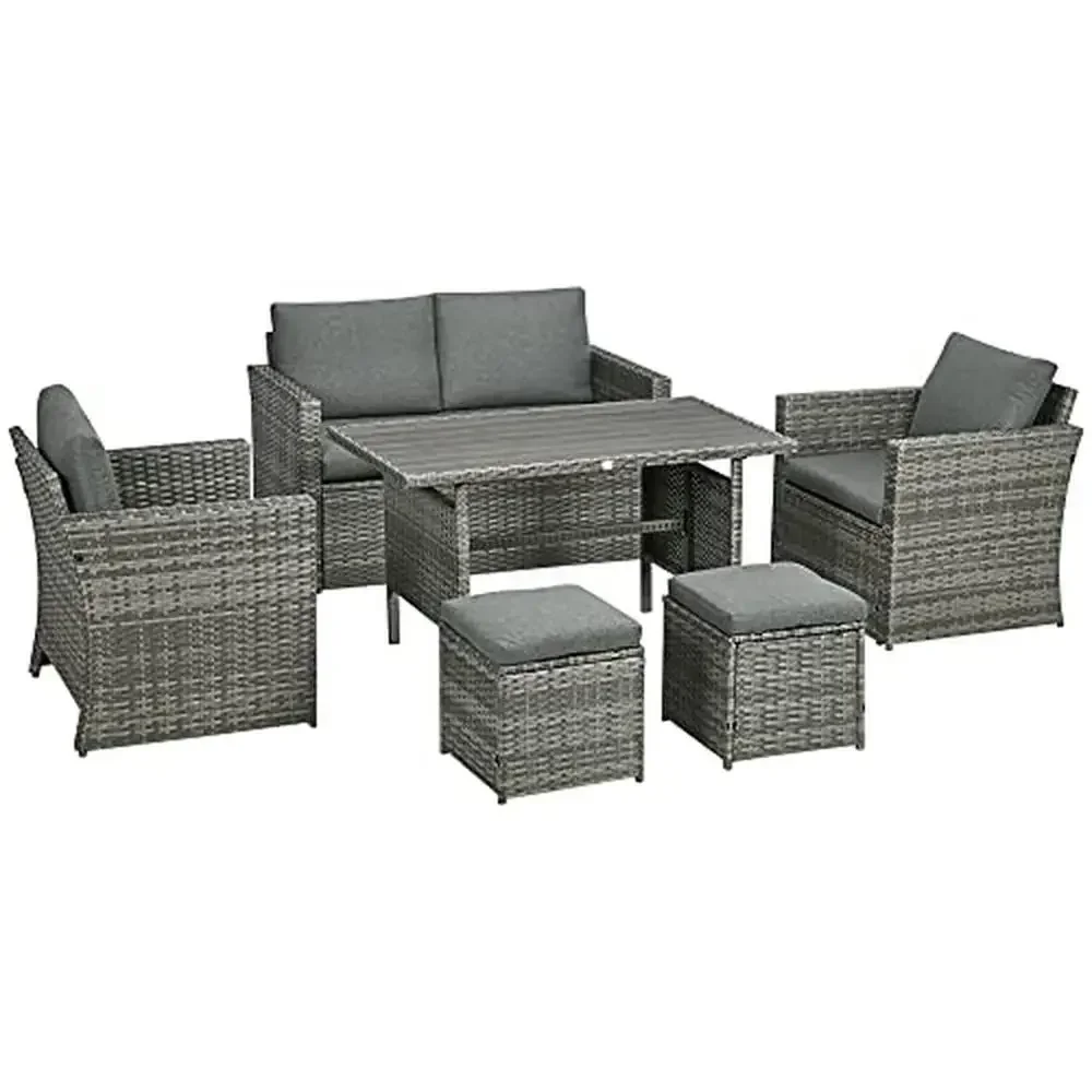 6 Piece Patio Dining Set PE Rattan Furniture Outdoor Loveseat Sofa Armchairs Ottomans Table Comfortable Seating Station Robust