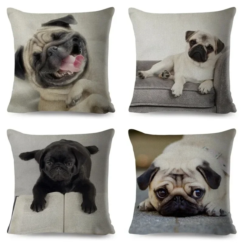 Pet Pug Dog Cushion Cover Decor Cute Animal Pillow Case for Sofa Home Car Linen Both Sided Print Throw Pillowcase 45x45cm