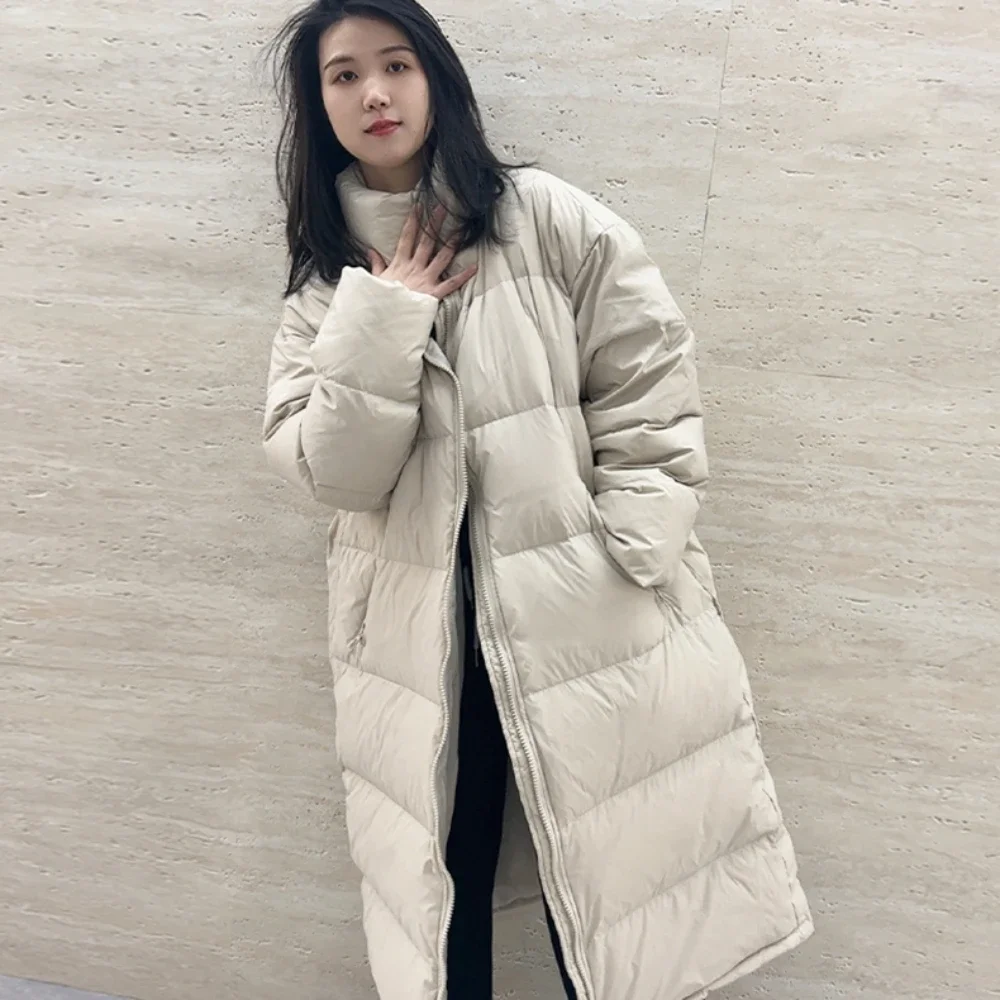 Large Size Winter Long Down Jacket Female Fashion Hoodie Thickened Overcoat White Duck Down Warm Puffer Jacket 2024 Winter New