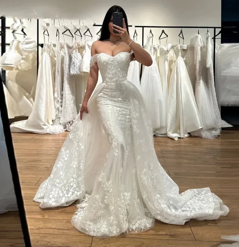 ヴィンテージレースのウェディングドレス 2026 取り外し可能なトレーン スイートハート オフショルダー アップリケ マーメイド花嫁 ブライダルガウン ローブ・デ・マリアージュ