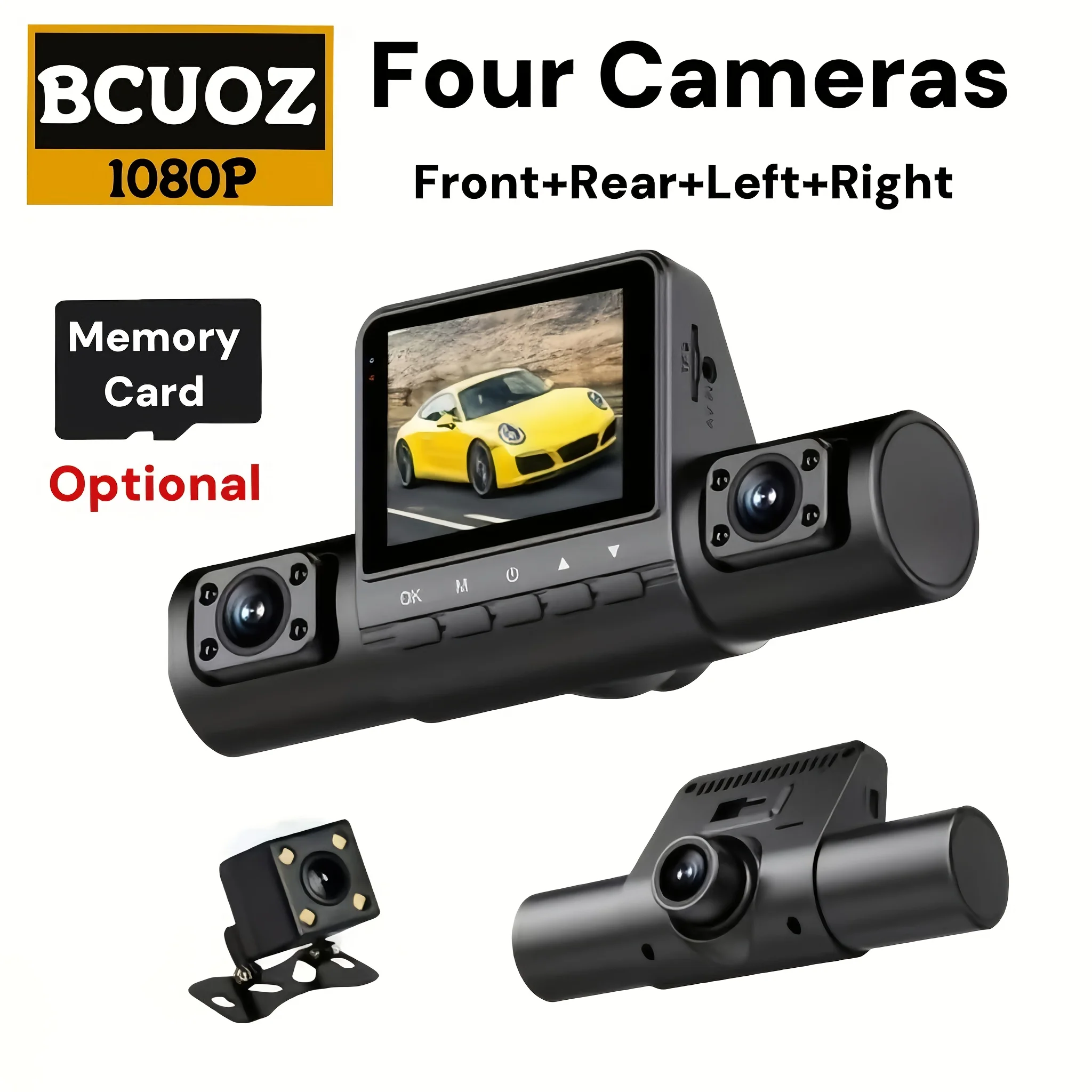 

4-Lens Dash Cam, Car DVR Full HD Car Recorder Camera with 2 Inch Screen, Night Vision, Loop Recording, Motion Detection for Driving/Accident Recording/Evidence Collection. 32GB Storage Optional