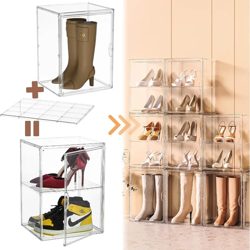 Box Organizers with an Adjustable Divider, set of 2, Shoe Boxes Clear Plastic Stackable with Lids, Big Display Storage Box