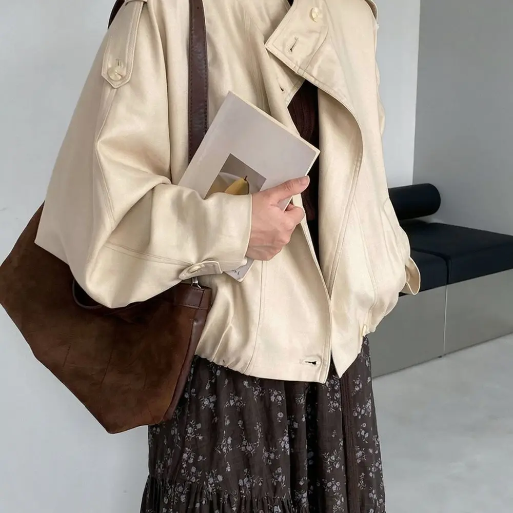 Elegant Women Short Trench Coat Batwing Sleeve Loose Casual Jacket Lyocell Linen Blend Autumn Breathable Outwear