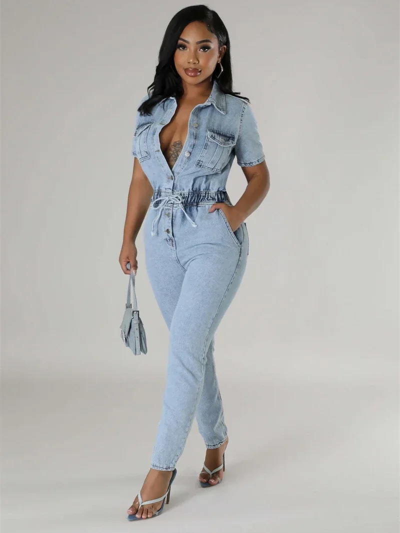 

Streetwear Jean Jumpsuits Women Summer Y2K Clothes Short Sleeve Bodycon Denim Rompers Playsuits One Pieces Suit Overalls Outfits