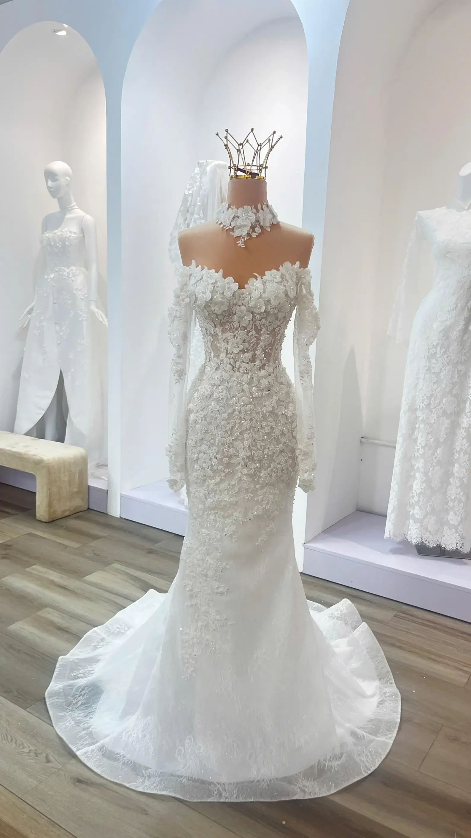 Custom 2026 Off Shoulder Lace Mermaid Wedding Dress with Detachable Overskirt 3D Floral Appliques Cathedral Train Bridal Gown