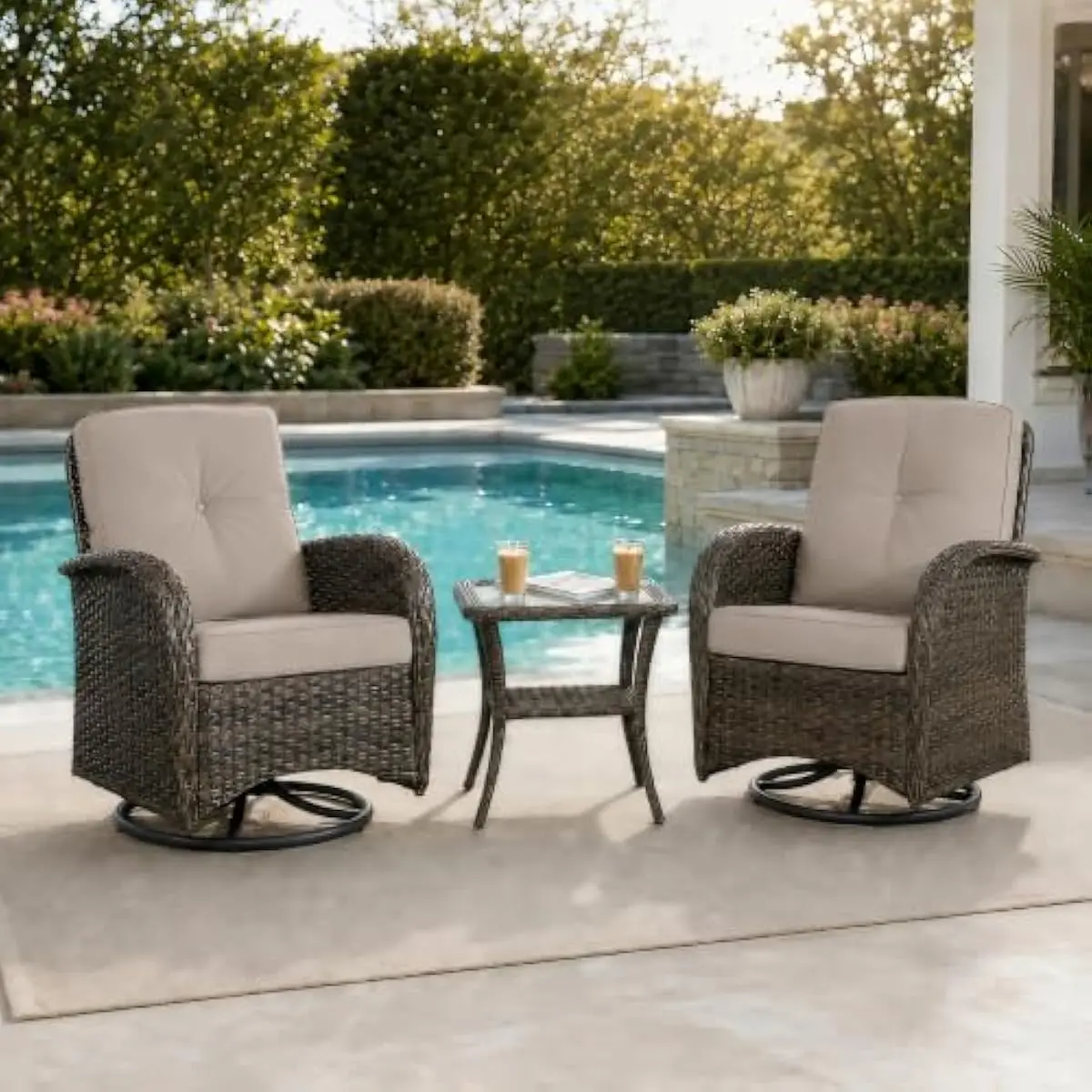 3-Piece Outdoor Swivel Rocker Collection Featuring Handwoven PE Wicker Chairs with 360° Rotation Base Glass Table and High-Densi