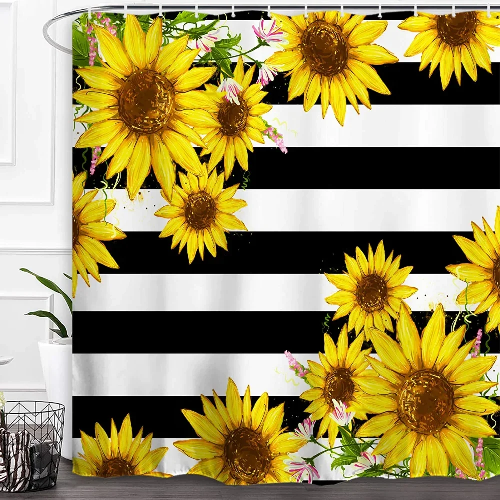 Yellow Flowers Sunflower Design Shower Curtain Set Floral Black White Stripe Polyester Fabric Decor Bathroom Curtains With Hooks