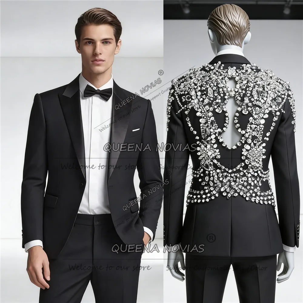 

Металлические ювелирные изделия с камнями, костюмы для мужчин, уникальный дизайн, куртка, брюки, комплект из 2 предметов, жених, банкет, свадебные смокинги по индивидуальному заказу, Ropa Hombre