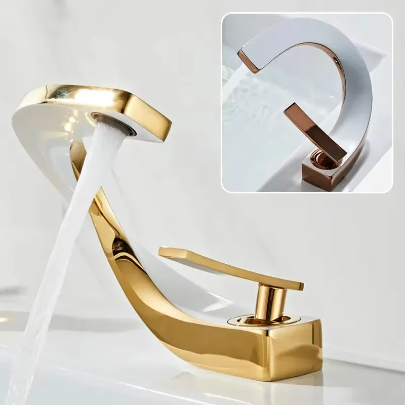 

Luxury Unique Design C Shape White Gold Waterfall Sink Faucet Full Copper Modern Creative Art Bathroom Mixer Faucets