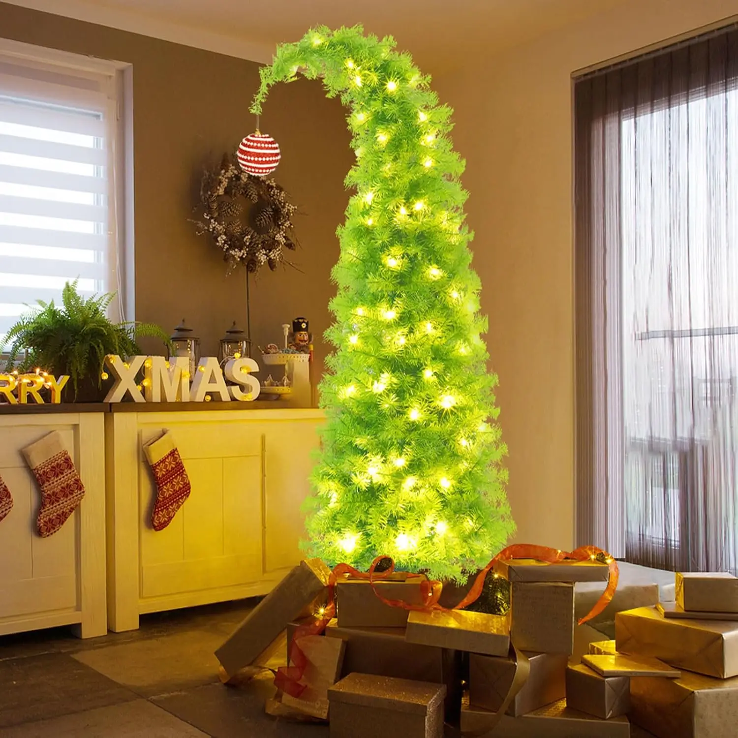 Tree 6ft, Pencil Christmas Tree Skinny Artificial Christmas Tree Stand Whimsical Christmas Tree, Lime Green C